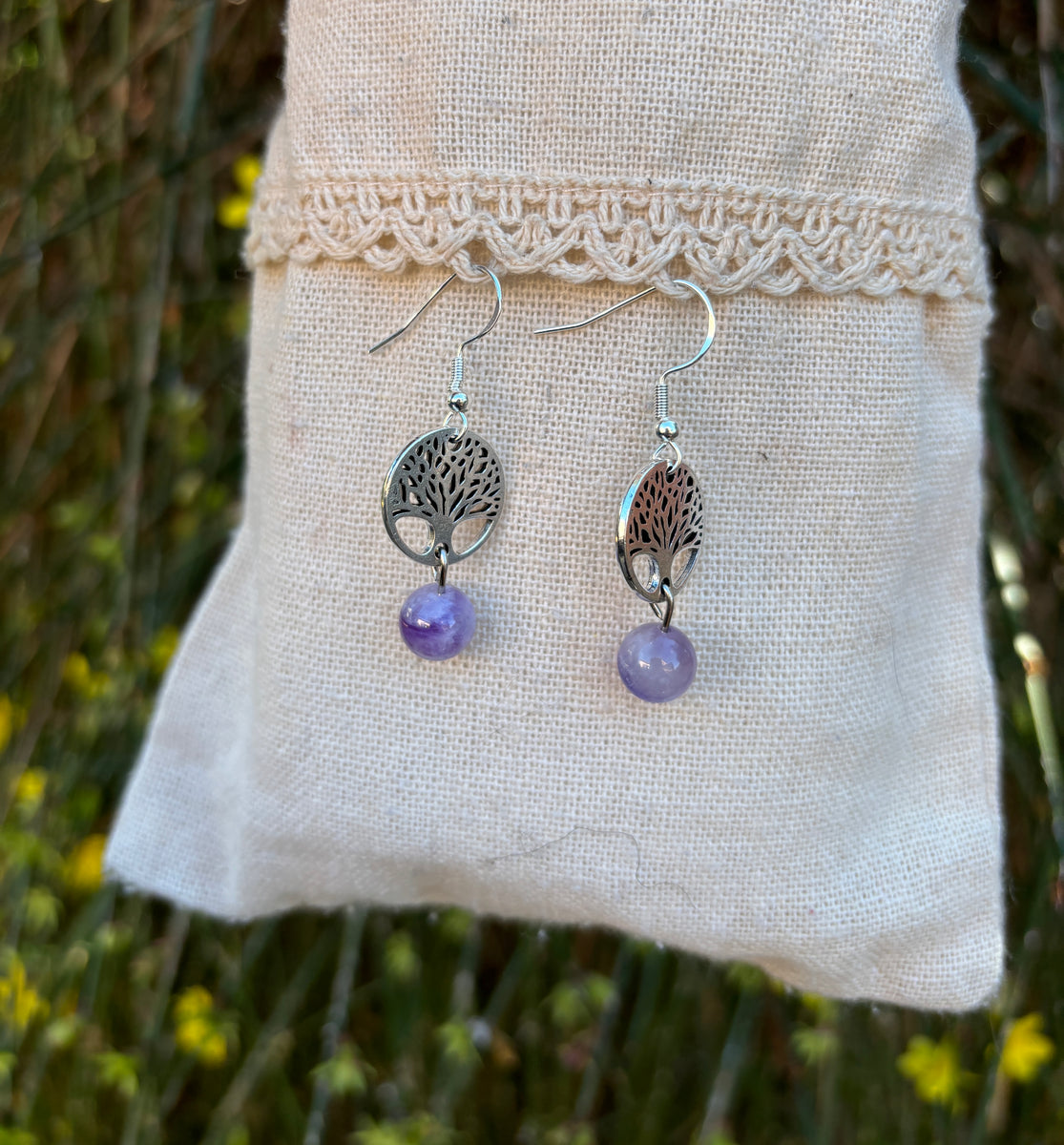 Boucles D'oreilles Pendantes Acier Et Améthyste - Fabriqué En France, Neuf Avec étiquettes