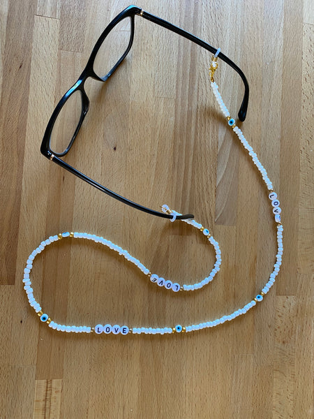 Chaîne cordons à lunettes de soleil, perles blanches et Oeil Turc Nazar Boncuk