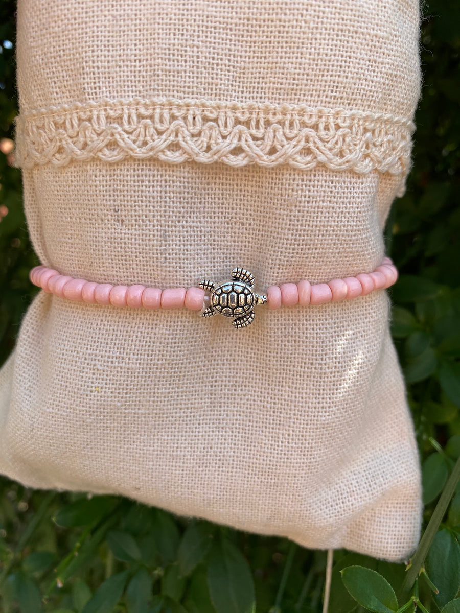 Chaîne De Cheville En Perles Blanches & Tortue De Mer En Pierre - Artisanat Français