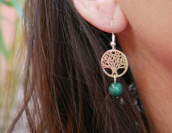 Boucles d'oreilles pendantes en  Malachite et arbre de vie