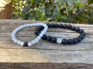 Bracelets élastiques de distance, de couple en Sélénite et Pierre de Lave