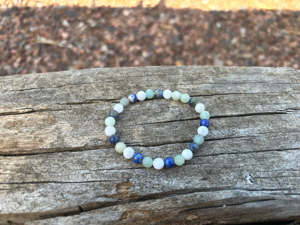 Bracelet élastique de Lithothérapie en Pierre de Lune, Lapis Lazuli et Amazonite, Made in France