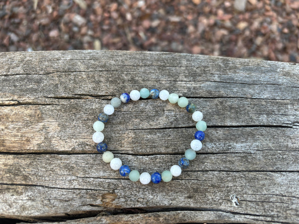 Bracelet élastique de Lithothérapie en Pierre de Lune, Lapis Lazuli et Amazonite, Made in France