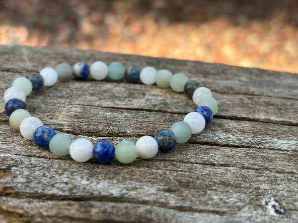 Bracelet élastique de Lithothérapie en Pierre de Lune, Lapis Lazuli et Amazonite, Made in France