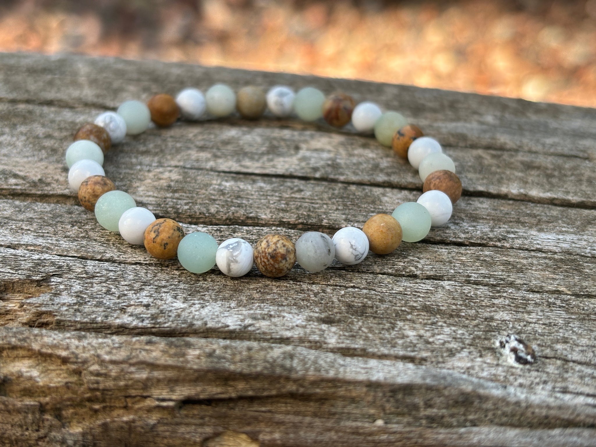 Bracelet élastique en Amazonite, Howlite Blanche et Jaspe Paysage, Made in France