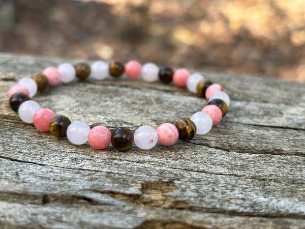 Bracelet de Lithothérapie en Rhodochrosite, Quartz Rose et Oeil de Tigre, Made in France