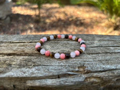Bracelet de Lithothérapie en Rhodochrosite, Quartz Rose et Oeil de Tigre, Made in France