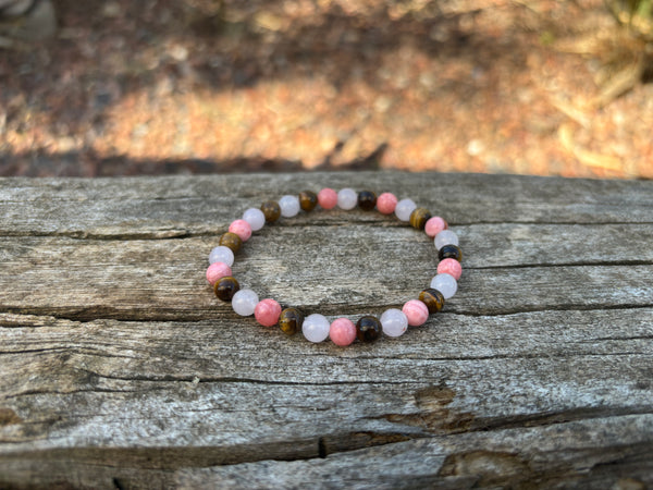 Bracelet de Lithothérapie en Rhodochrosite, Quartz Rose et Oeil de Tigre, Made in France