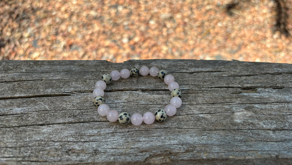 Bracelet élastique de Lithothérapie en Quartz Rose et Jaspe Dalmatien