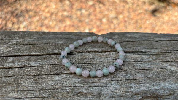 Bracelet élastique de Lithothérapie en Jaspe Kiwi, Jaspe sésame et Quartz Rose