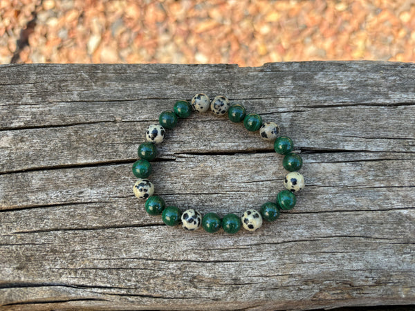 Bracelet de lithothérapie en Malachite et Jaspe Dalmatien