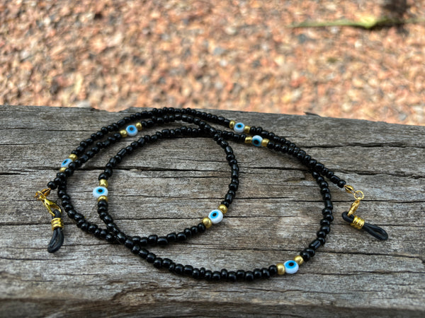 Chaîne, cordon à lunettes de soleil, perles noires et Oeil Turc Nazar Boncuk