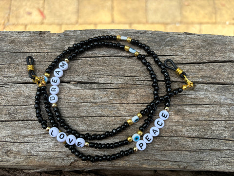 Chaîne, cordon à lunettes de soleil, perles noires et Oeil Turc Nazar Boncuk