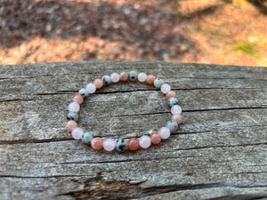 Bracelet élastique en Jaspe Kiwi, Pierre du Soleil et Quartz Rose, Made in France