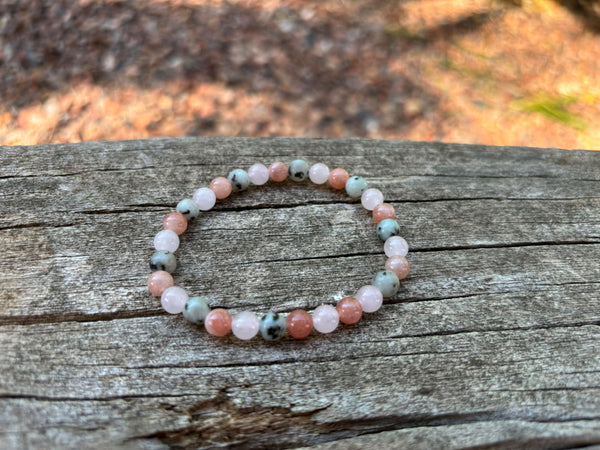 Bracelet élastique en Jaspe Kiwi, Pierre du Soleil et Quartz Rose, Made in France