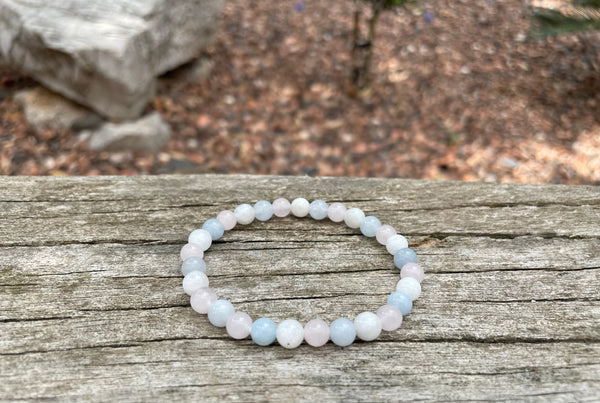 Bracelet élastique de Lithothérapie "Triple Protection" Pierre de Lune, Aigue Marine et Quartz Rose, Made in France