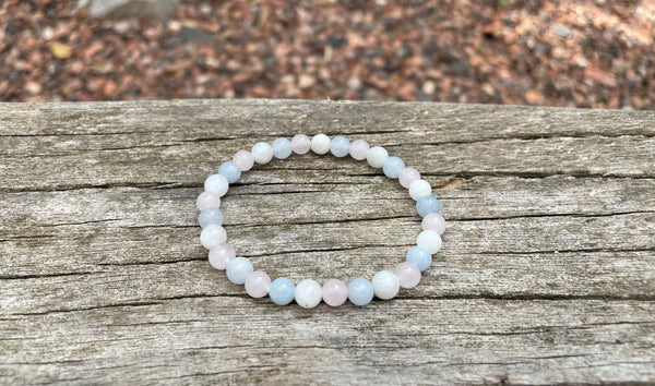 Bracelet élastique de Lithothérapie "Triple Protection" Pierre de Lune, Aigue Marine et Quartz Rose, Made in France