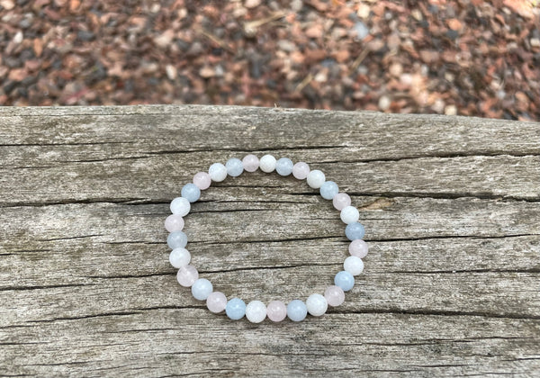 Bracelet élastique de Lithothérapie "Triple Protection" Pierre de Lune, Aigue Marine et Quartz Rose, Made in France