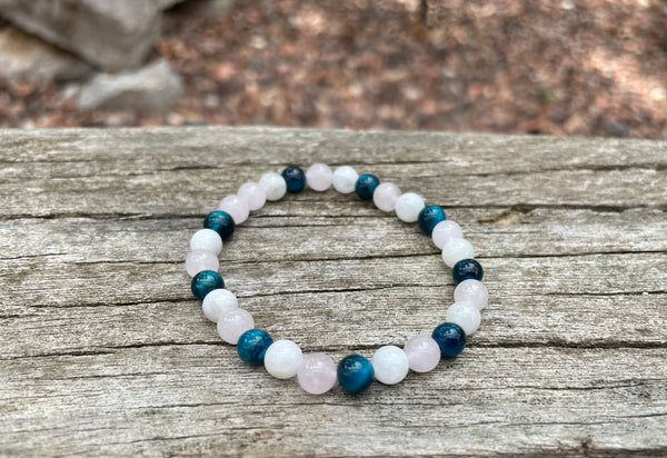 Bracelet élastique de Lithothérapie "Triple Protection" Oeil de tigre turquoise, Quartz Rose et Pierre de Lune