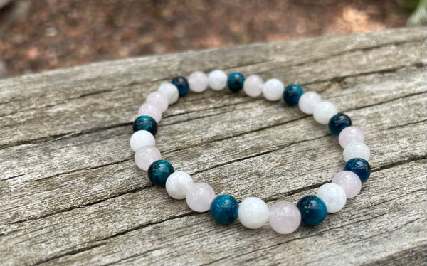 Bracelet élastique de Lithothérapie "Triple Protection" Oeil de tigre turquoise, Quartz Rose et Pierre de Lune