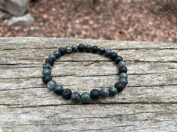 Bracelet élastique de Lithothérapie "Triple Protection" Labradorite, Pierre de lave et Jaspe Kambaba, Made in France