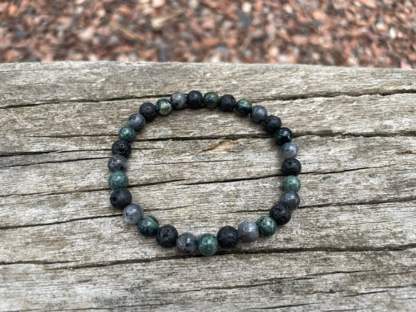 Bracelet élastique de Lithothérapie "Triple Protection" Labradorite, Pierre de lave et Jaspe Kambaba, Made in France