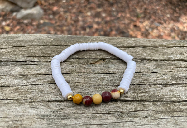 Bracelet élastique de lithothérapie en Jaspe Mokaïte ou Mookaite et perles Heishi, Made in France