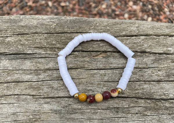 Bracelet élastique de lithothérapie en Jaspe Mokaïte ou Mookaite et perles Heishi, Made in France