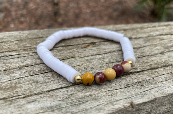Bracelet élastique de lithothérapie en Jaspe Mokaïte ou Mookaite et perles Heishi, Made in France