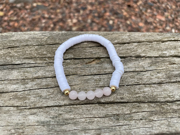 Bracelet élastique de lithothérapie en Quartz Rose et perles Heishi, Made in France