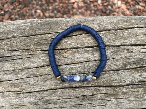 Bracelet élastique de lithothérapie en Sodalite et perles Heishi, Made in France