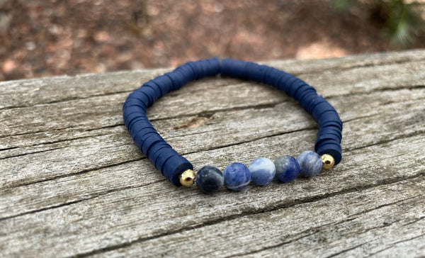 Bracelet élastique de lithothérapie en Sodalite et perles Heishi, Made in France