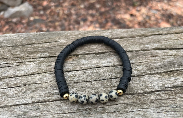 Bracelet élastique de lithothérapie en Jaspe Dalmatien et perles Heishi, Made in France