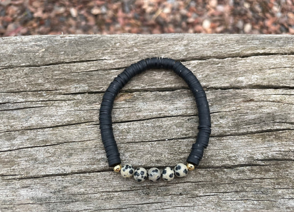 Bracelet élastique de lithothérapie en Jaspe Dalmatien et perles Heishi, Made in France