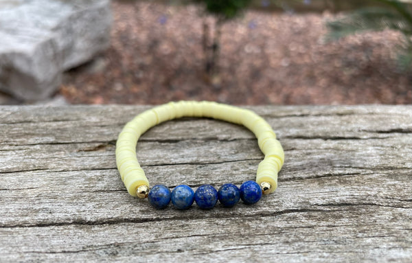 Bracelet élastique de lithothérapie en Lapis Lazuli et perles Heishi, Made in France