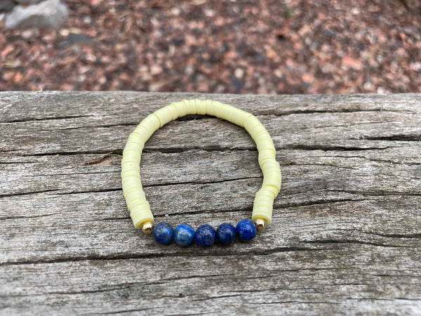 Bracelet élastique de lithothérapie en Lapis Lazuli et perles Heishi, Made in France