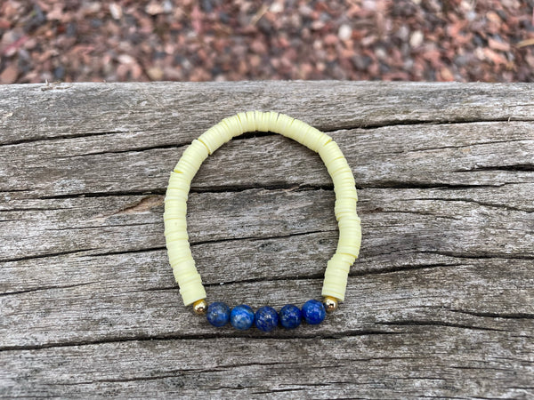 Bracelet élastique de lithothérapie en Lapis Lazuli et perles Heishi, Made in France