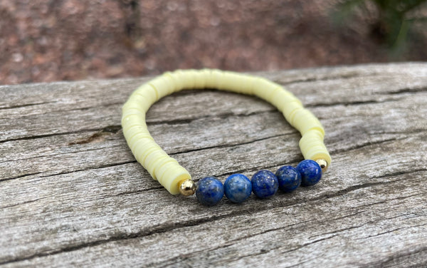 Bracelet élastique de lithothérapie en Lapis Lazuli et perles Heishi, Made in France