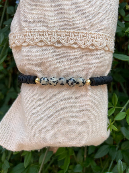 Bracelet élastique de lithothérapie en Jaspe Dalmatien et perles Heishi, Made in France