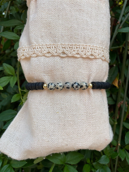 Bracelet élastique de lithothérapie en Jaspe Dalmatien et perles Heishi, Made in France