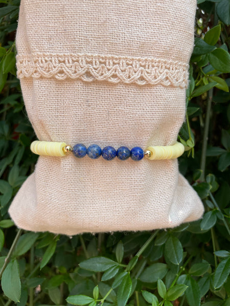 Bracelet élastique de lithothérapie en Lapis Lazuli et perles Heishi, Made in France