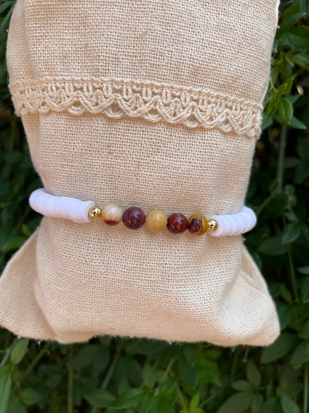 Bracelet élastique de lithothérapie en Jaspe Mokaïte ou Mookaite et perles Heishi, Made in France