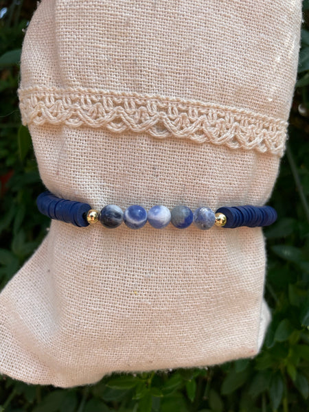 Bracelet élastique de lithothérapie en Sodalite et perles Heishi, Made in France