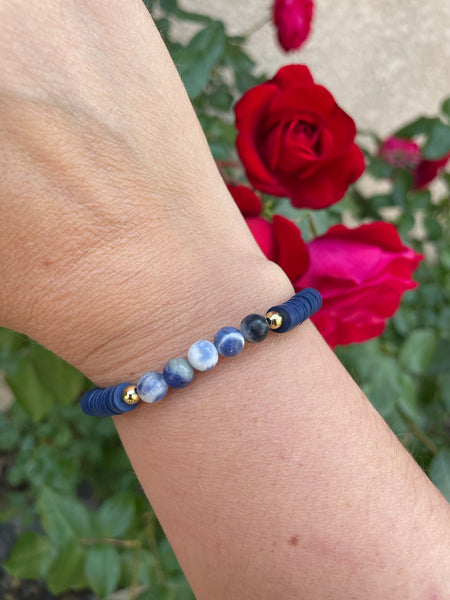 Bracelet élastique de lithothérapie en Sodalite et perles Heishi, Made in France