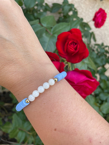 Bracelet élastique de lithothérapie en Pierre de Lune et perles Heishi, Made in France
