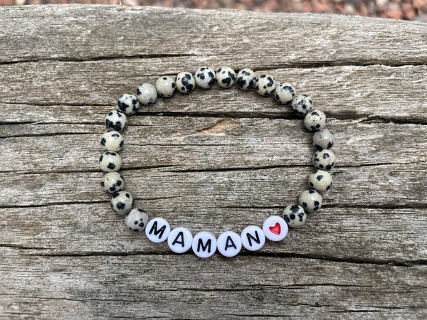 Bracelet élastique de Lithothérapie en Jaspe Dalmatien naturel, Spécial Fête des Mères