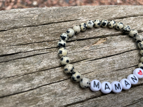 Bracelet élastique de Lithothérapie en Jaspe Dalmatien naturel, Spécial Fête des Mères