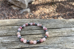 Bracelet élastique de Lithothérapie "Triple Protection" Quartz Rose, Hématite et Rhodochrosite, Made in France