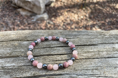 Bracelet élastique de Lithothérapie "Triple Protection" Quartz Rose, Hématite et Rhodochrosite, Made in France