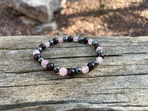 Bracelet élastique de Lithothérapie "Triple Protection" Quartz Rose, Hématite et Grenat, Made in France